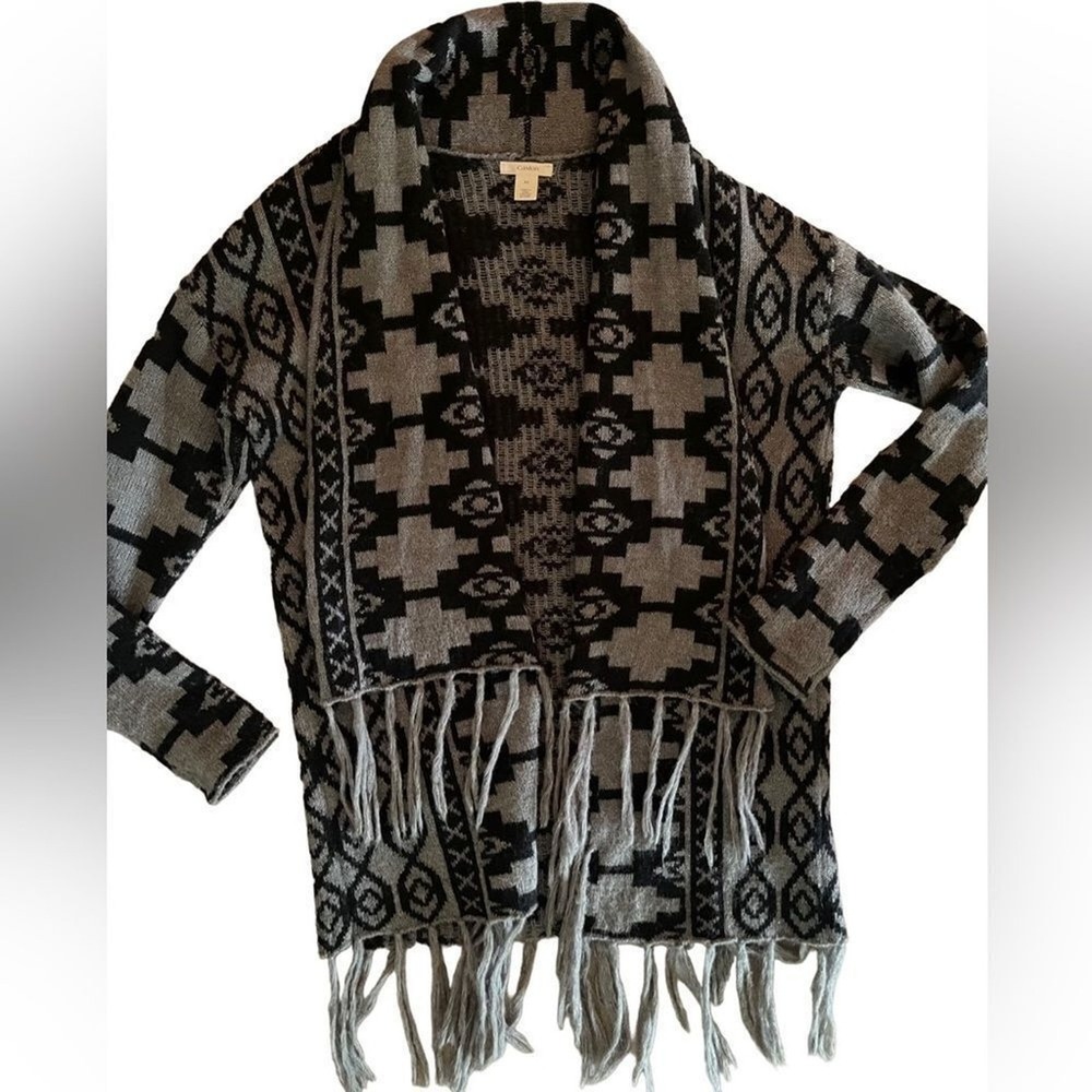 Caslon Women Cardigan Sweater Gray Black Geometric Fringe Open Front Size XS 327 - Picture 8 of 11